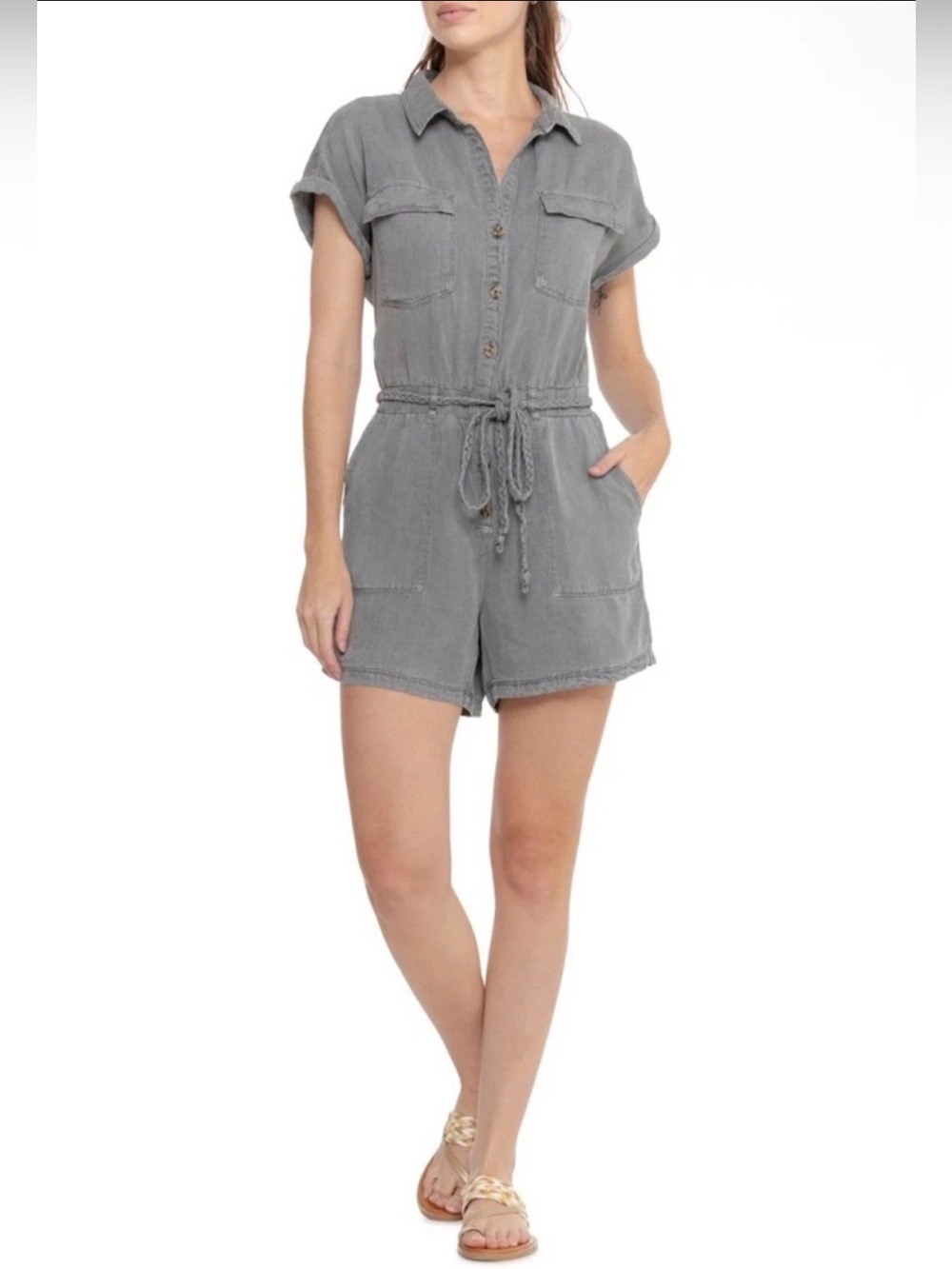 NWOT Nicole Miller Washed Gray Short Sleeve Tie-Waist Romper